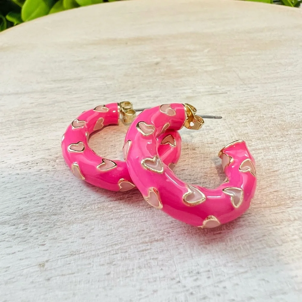 New Small Hot Pink Enamel Heart Hoop Earrings | Barbiecore | Light Pink | Girly